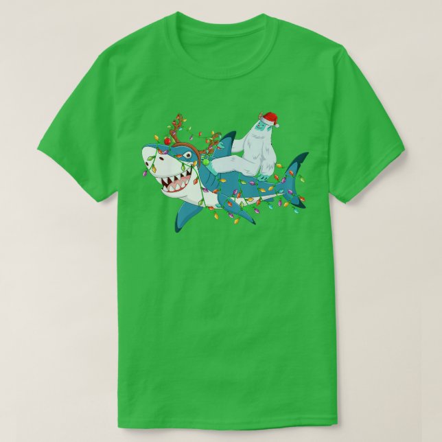 Shark Älskare Julafton Ljus Santa Yeti Ride Shark  T Shirt (Design framsida)