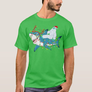 Shark Älskare Julafton Ljus Santa Yeti Ride Shark T Shirt