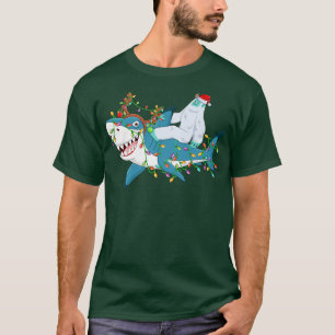 Shark Älskare Julafton Ljus Santa Yeti Ride Shark T Shirt