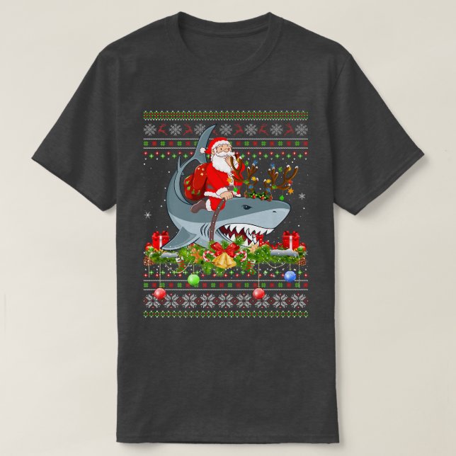Shark Älskare Ugly Santa Riding Shark jul T Shirt (Design framsida)