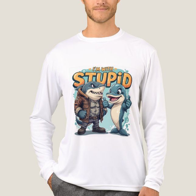 Shark and Dolphin "I'm With Stupid" Funny design T Shirt (Framsida)