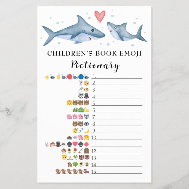 Shark Baby Shower Children's Bok Emoji Pictionary Flygblad (Framsidan)