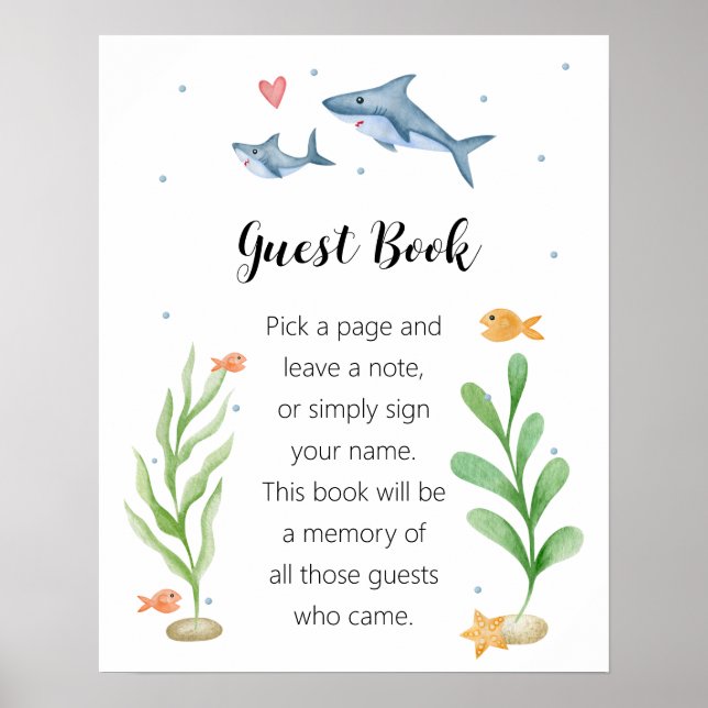 Shark Baby Shower "Guest Bok"-skylt Poster (Framsidan)
