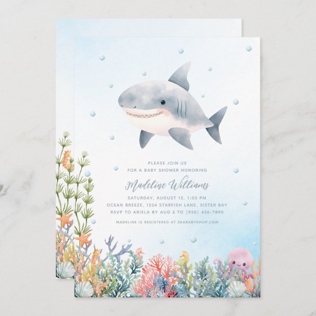 Shark Baby Shower Inbjudningar (Fram/baksida)