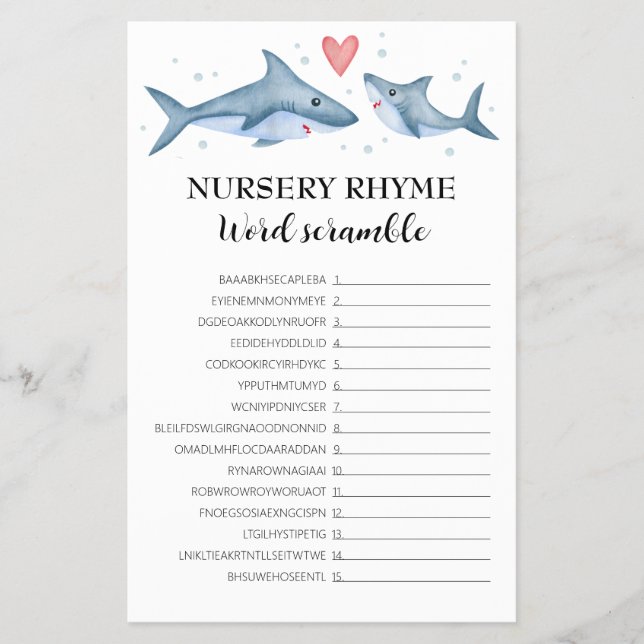 Shark Baby Shower Nursery Rhyme Ord Scramble Game Flygblad (Framsidan)