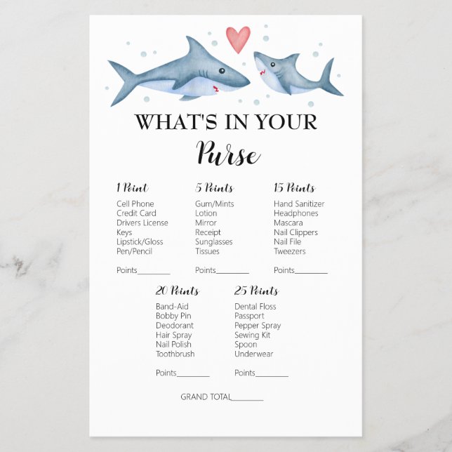 Shark Baby Shower What's in your Purse Game Flygblad (Framsidan)