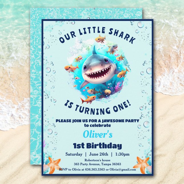 Shark Bassäng Födelsedagsfest Boy 1:a födelsedagen Inbjudningar (Little Shark Pool Birthday Party Boy 1st Birthday)