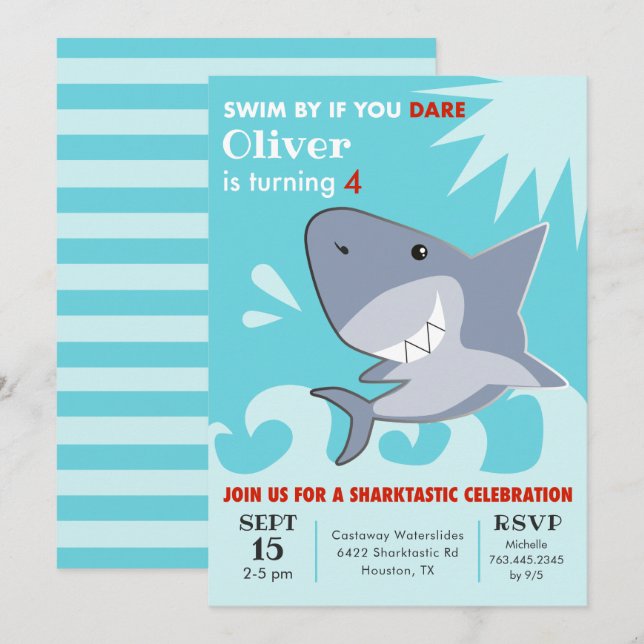 Shark Bassäng Födelsedagsfest Sharktastic Inbjudningar (Fram/baksida)