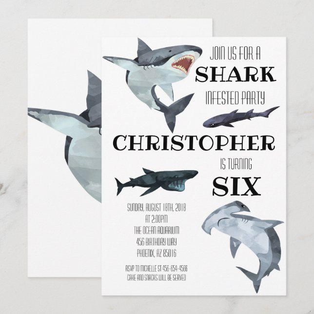 Shark Bassäng Swiming Födelsedagsfest inbjudan (Fram/baksida)