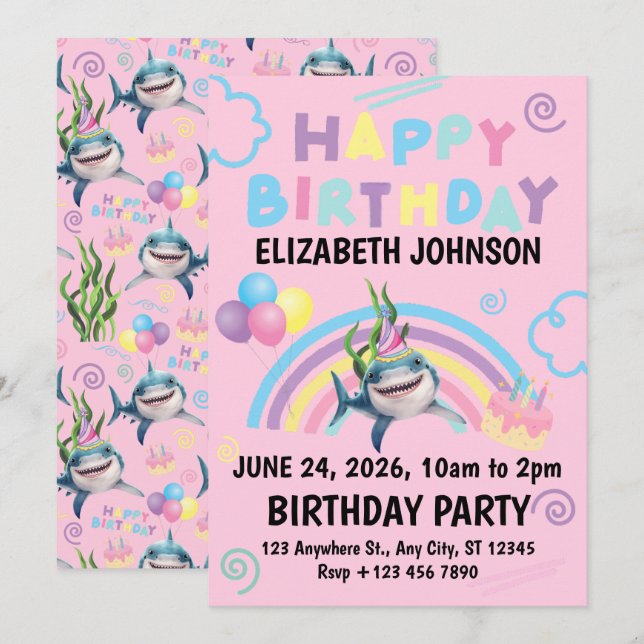Shark Birthday Invitation in Pink Inbjudningar (Fram/baksida)