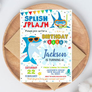 Shark Birthday Invite Splish Splash Birthday Bash Inbjudningar