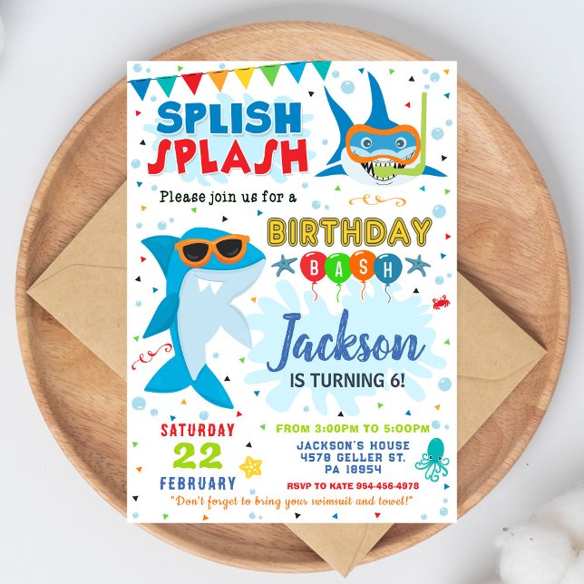 Shark Birthday Invite Splish Splash Birthday Bash Inbjudningar (Skapare uppladdad)