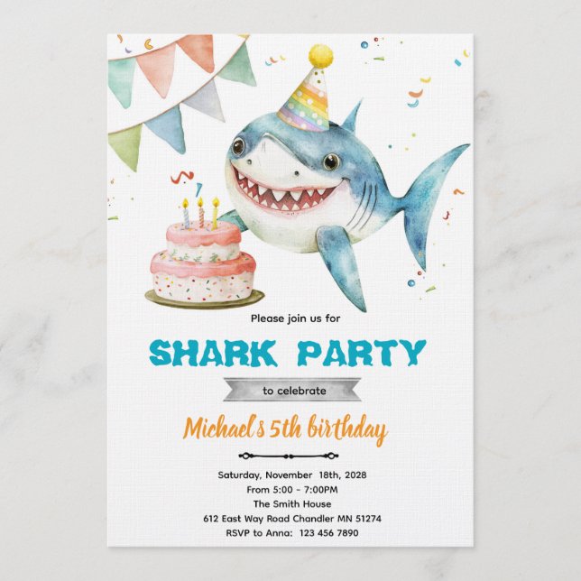 Shark birthday party invitation inbjudningar (Framsida)