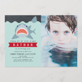 Shark Boy Navy Blue Bassäng Photo Birthday Inbjudningar
