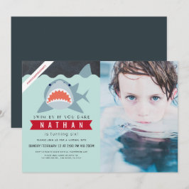 Shark Boy Navy Blue Virtuell Bassäng Photo Birthda Inbjudningar