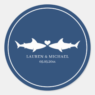 Shark Bröllop med Namn Oval Sticker Runt Klistermärke