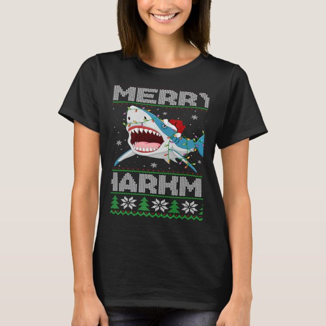 Shark Christmas Lights Shark Ugly Merry Sharkmas T Shirt (Framsida)