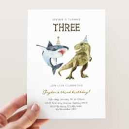 Shark & Dino 3rd B'day Inbjudan, T-rex Shark Party Inbjudningar