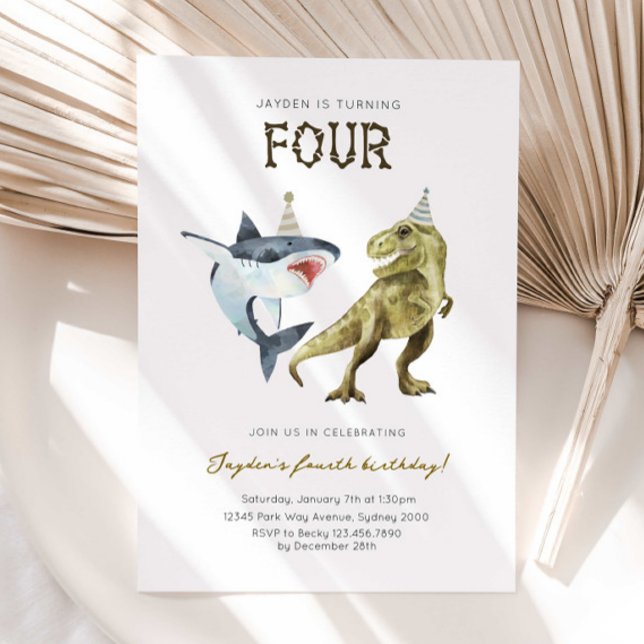 Shark & Dino 4th B'day Invite, T-rex Shark Party Inbjudningar (Skapare uppladdad)