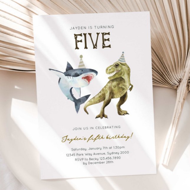 Shark & Dino 5th B'day Invite, T-rex Shark Party Inbjudningar (Skapare uppladdad)
