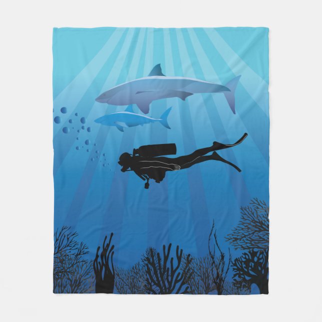Shark Diving Scuba Diver Fleecefilt (Framsidan)