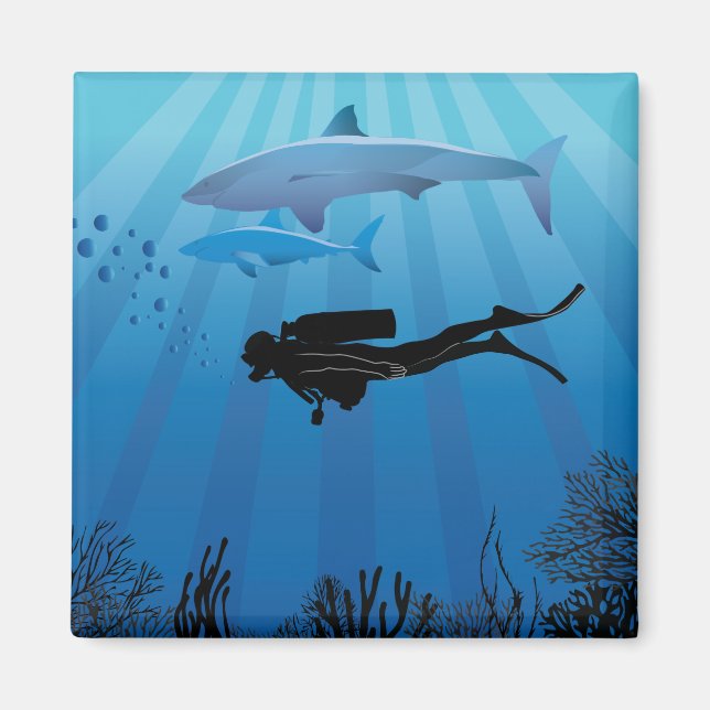 Shark Diving Scuba Diver Magnet (Framsidan)