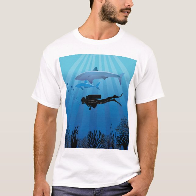 Shark Diving Scuba Diver T Shirt (Framsida)