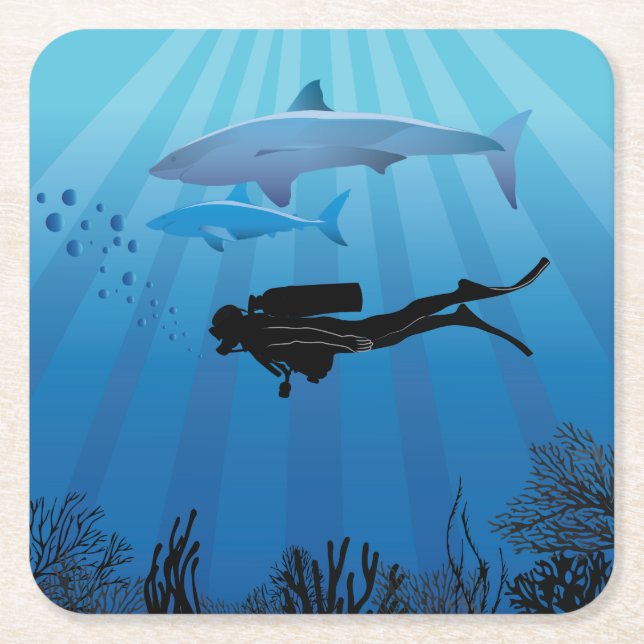 Shark Diving Scuba Diver Underlägg Papper Kvadrat (Framsidan)