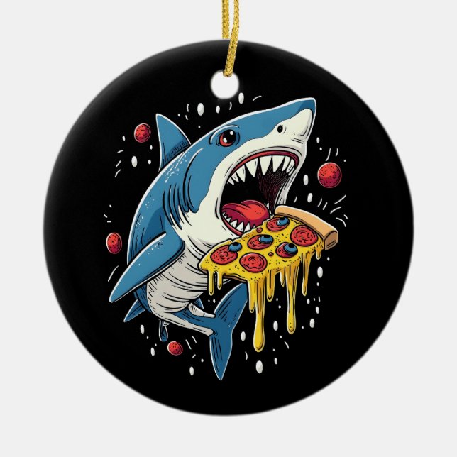 Shark Eating Pizza Funny Pizza Älskare Julgransprydnad Keramik (Framsidan)