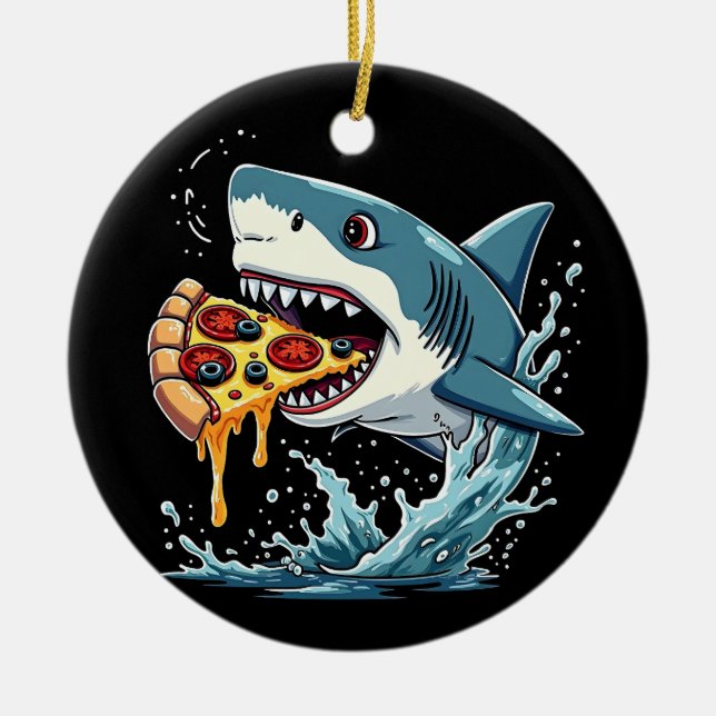 Shark Eating Pizza Funny Pizza Älskare Julgransprydnad Keramik (Framsidan)
