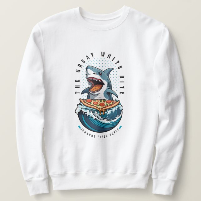 Shark Eating Pizza | Underbar White Bita Jawsome Lång Ärmad Tröja (Design framsida)