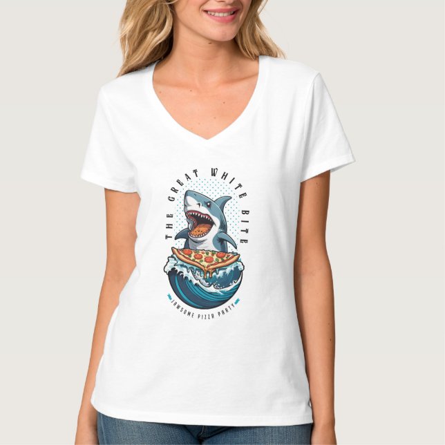 Shark Eating Pizza | Underbar White Bita Jawsome T Shirt (Framsida)