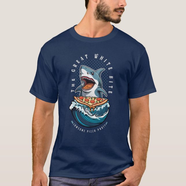 Shark Eating Pizza | Underbar White Bita Jawsome T Shirt (Framsida)