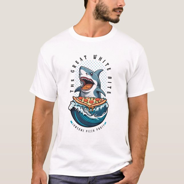 Shark Eating Pizza | Underbar White Bita Jawsome T Shirt (Framsida)