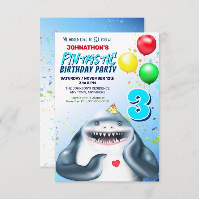 Shark Fantastic Barns födelsedag Party Inbjudningar (Fram/baksida)
