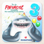 Shark Fintastic Barns födelsedag Underlägg Papper Kvadrat<br><div class="desc">Blåhaj med party hatt med ballonger.</div>