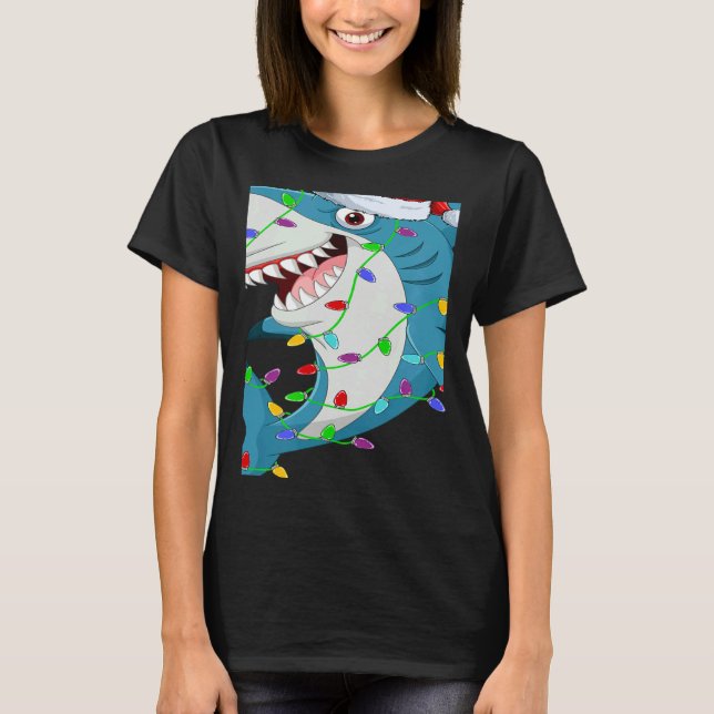 Shark Fish   Christmas Lights Santa Shark Xmas T Shirt (Framsida)
