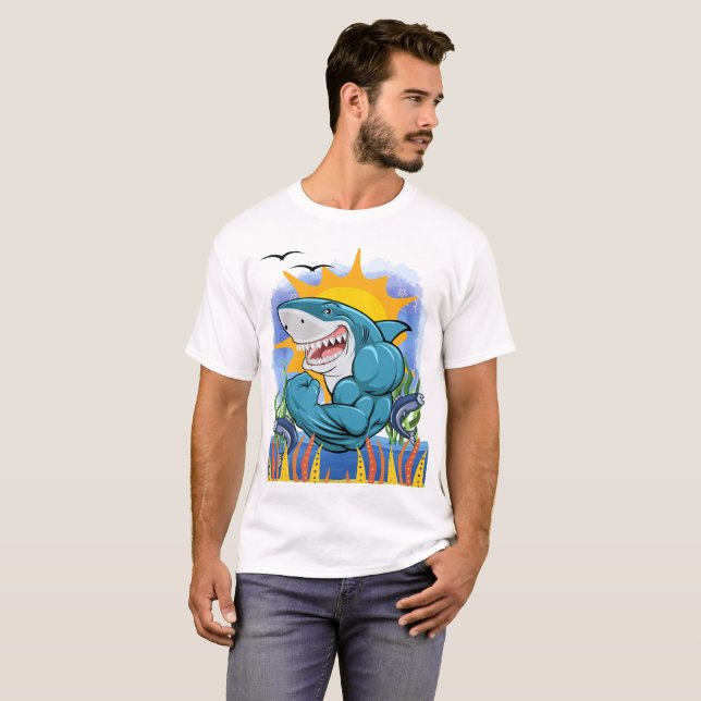 Shark Flexing Muscles Sea Life and Sunshine Unisex T Shirt (Hel framsida)