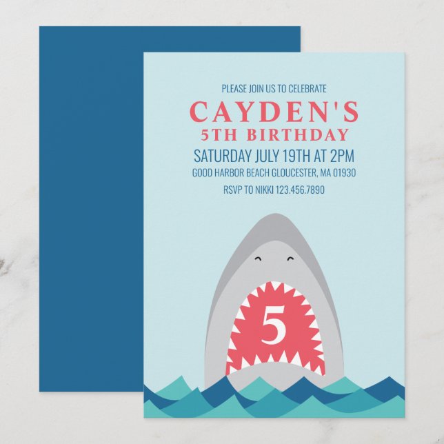 Shark födelsedagsfest inbjudan (Fram/baksida)