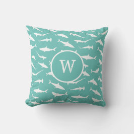 Shark Frenzy Blue White Monogram Kudde