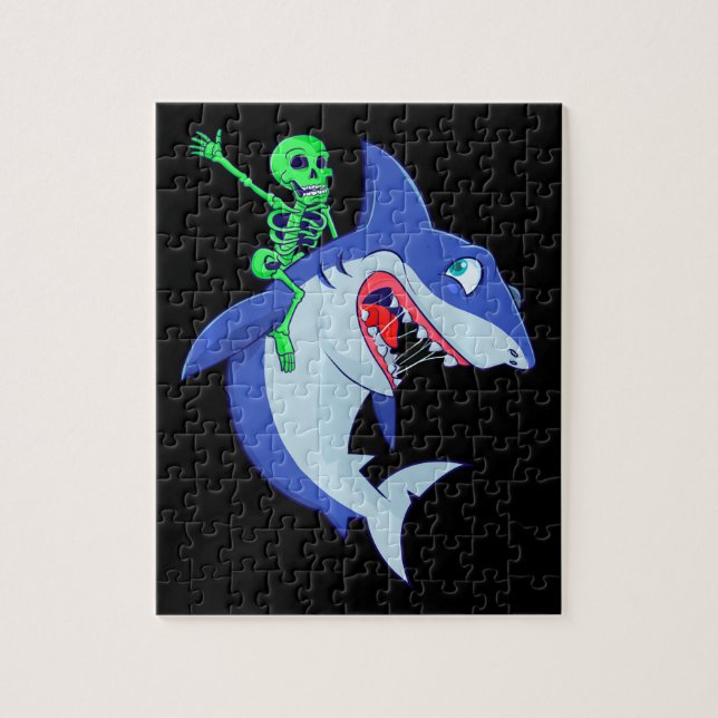 Shark Halloween Skeleton Riding Sharks Älskare Fun Pussel (Vertikal)