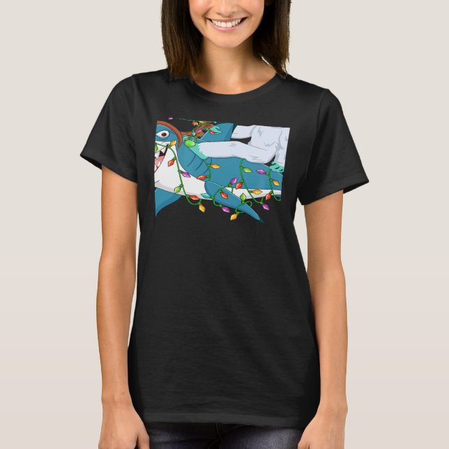 Shark Julafton Ljus Santa Yeti Ride Shark jul T Shirt (Framsida)