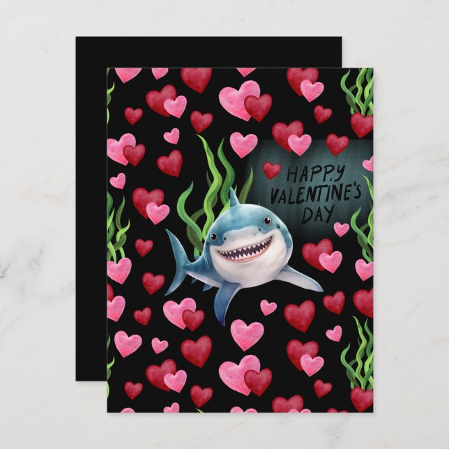Shark Love Valentine’s Day Card in Black Anteckningskort (Fram/baksida)