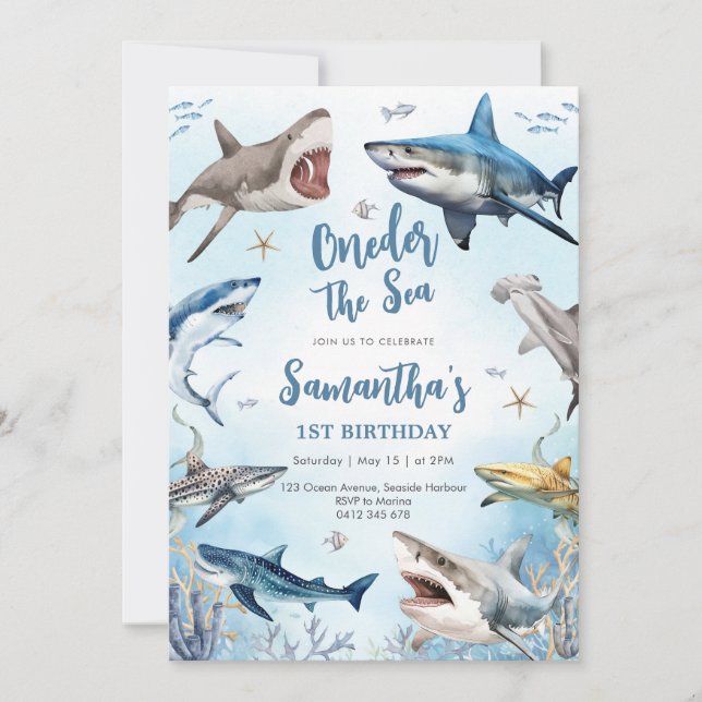 Shark Oneder The Sea 1st Birthday Invitation Inbjudningar (Framsida)