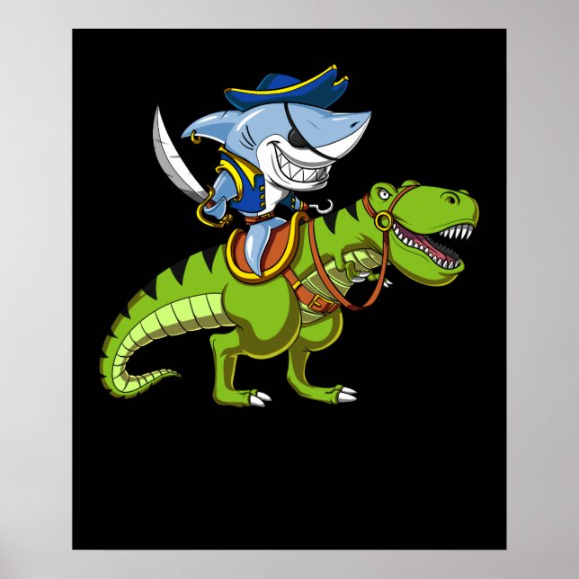 Shark Pirat Riding A T-Rex Dinosaur Fantasy Poster (Framsidan)