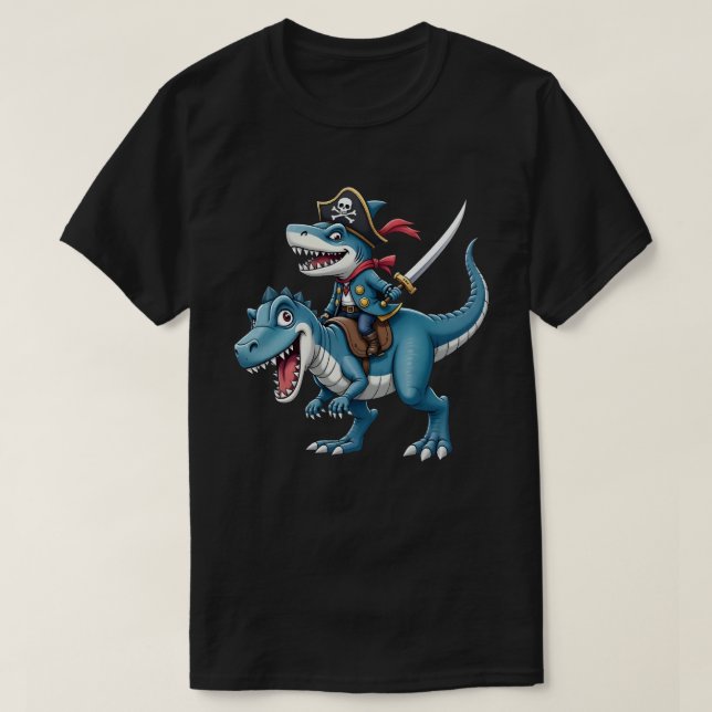Shark Pirat Riding Dinosaur T Rex Kids Boys Manar T Shirt (Design framsida)