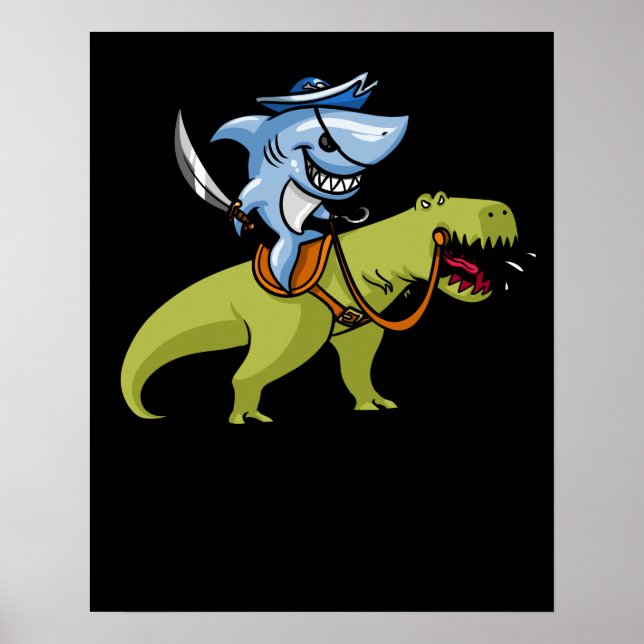 Shark Pirat Riding T-Rex Dinosaur Poster (Framsidan)