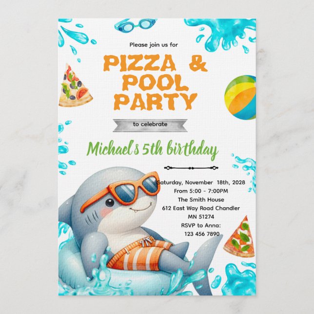 Shark Pool pizza Party Birthday Invite Inbjudningar (Framsida)