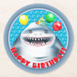 Shark Porthole Barns födelsedag Party Underlägg Papper Rund<br><div class="desc">Blåhaj med party hatt med ballonger.</div>