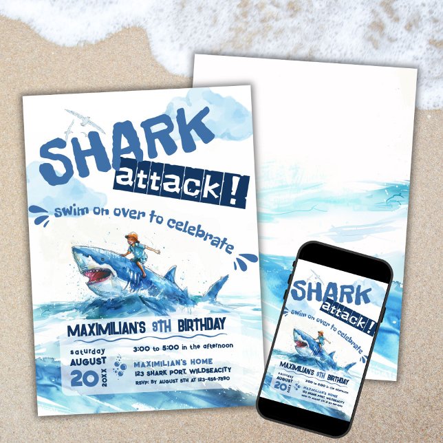 Shark Ride Summer Party Birthday Inbjudningar (Skapare uppladdad)